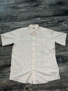 Men's LL Bean Short-Sleeve Button-Up Plaid Shirt - White with Red & Blue Check